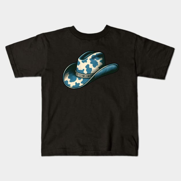 Blue cow print cowboy hat Kids T-Shirt by PinScher